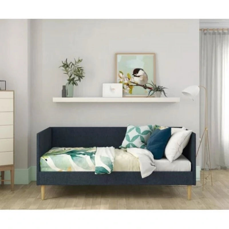 Lit de repos double moderne du milieu du siècle en lin bleu foncé